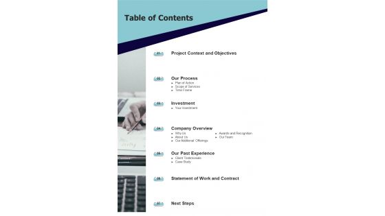 Table Of Contents Software Technical Development Proposal One Pager Sample Example Document