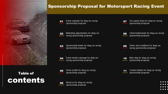 Table Of Contents Sponsorship Proposal For Motorsport Racing Event Ppt Slides Show