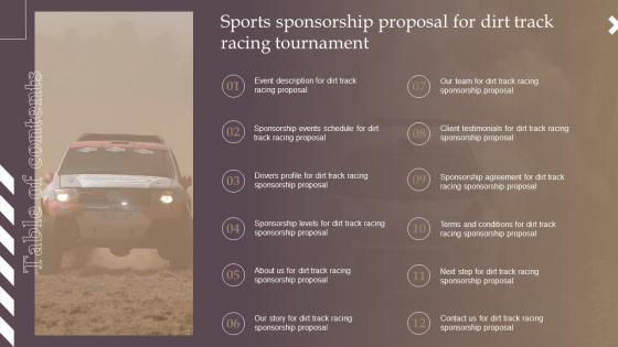 Table Of Contents Sports Sponsorship Proposal For Dirt Track Racing Tournament Ppt Guidelines