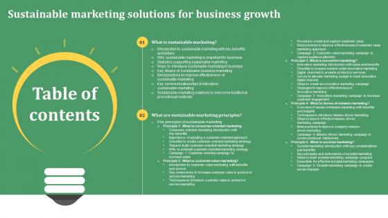 Table Of Contents Sustainable Marketing Solutions For Business Growth MKT SS V