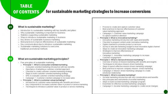 Table Of Contents Sustainable Marketing Strategies To Increase Conversions MKT SS V