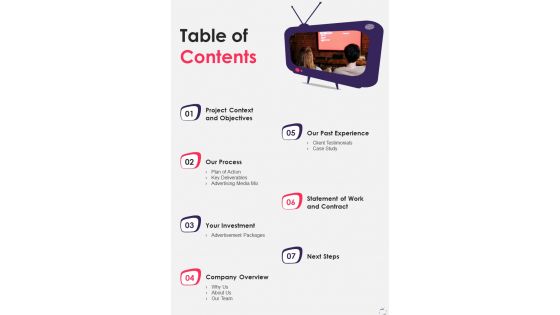Table Of Contents Tv Advertisement Service Proposal One Pager Sample Example Document