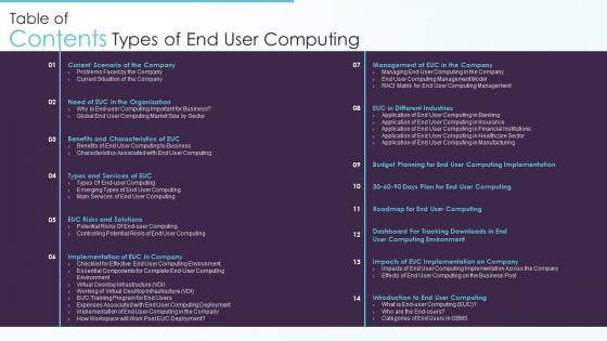 Table Of Contents Types Of End User Computing Ppt Summary Example Topics