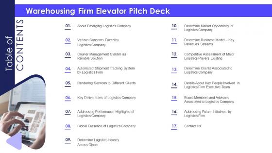 Table Of Contents Warehousing Firm Elevator Pitch Deck