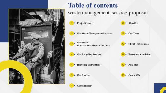 Table Of Contents Waste Management Service Proposal Ppt Model Example Topics