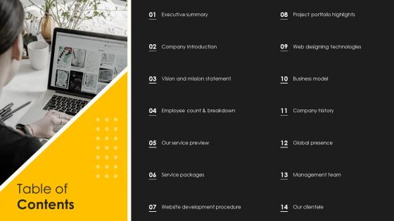 Table Of Contents Web Design Company Profile Ppt Professional Introduction