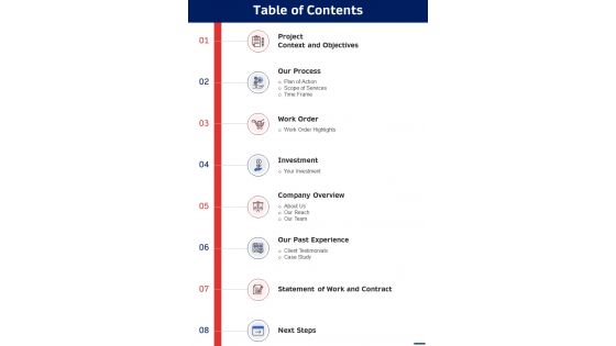 Table Of Contents Work Order Proposal Template One Pager Sample Example Document