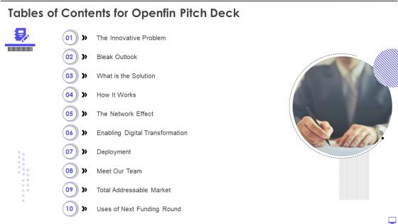 Tables of contents for openfin pitch deck ppt layouts slideshow