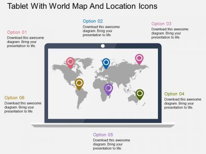 Tablet with world map and location icons ppt presentation slides