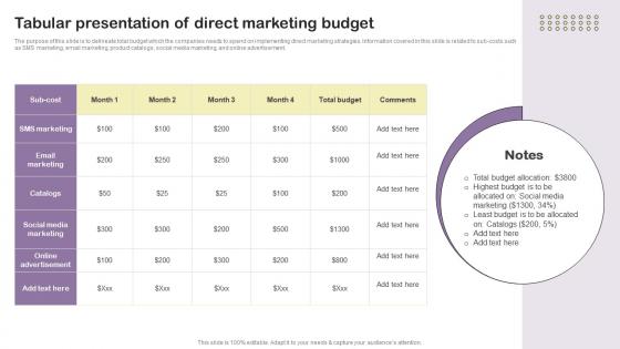 Tabular Presentation Of Direct Marketing Budget Essential Guide To Direct MKT SS V