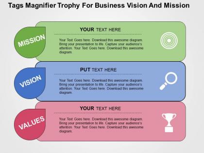 Tags magnifier trophy for business vision and mission flat powerpoint design