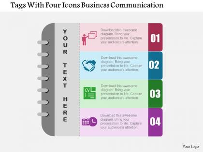 Tags with four icons business communication flat powerpoint design