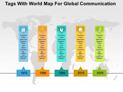 Tags with world map for global communication flat powerpoint design