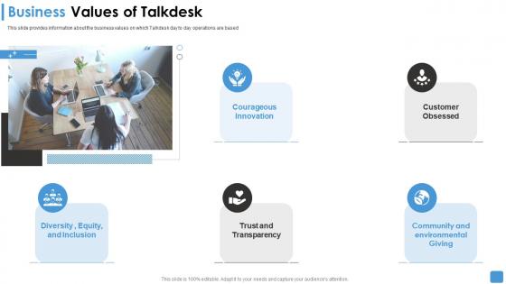 Talkdesk funding elevator business values of talkdesk ppt summary deck