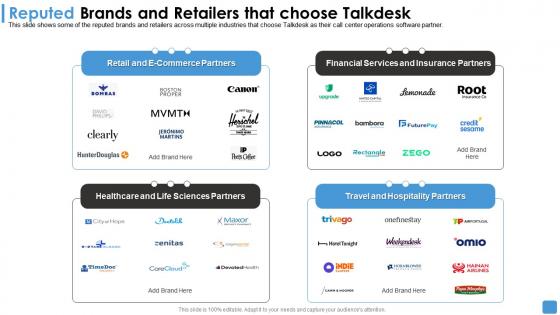 Talkdesk funding elevator reputed brands and retailers that choose talkdesk ppt ideas