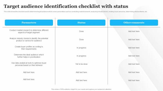 Target Audience Identification Checklist With Status Customer Service Optimization Strategy