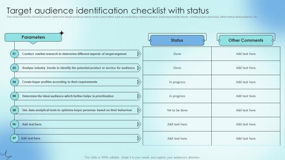 Target Audience Identification Checklist With Status Strategic Communication Plan To Optimize
