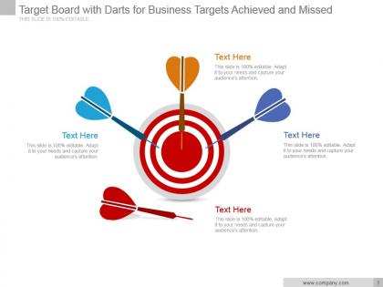 Target board with darts for business targets achieved and missed ppt slide