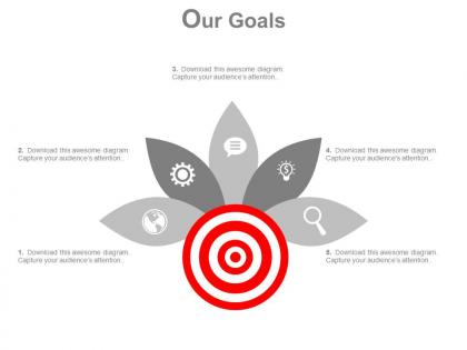 Target board with five petals and icons diagram powerpoint slides