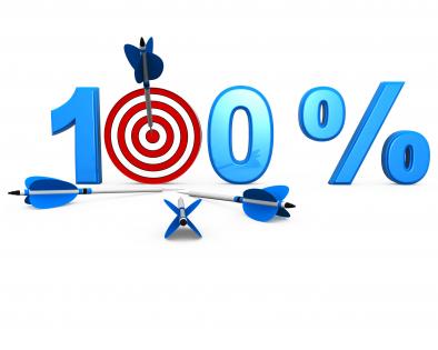 Target of 100 percent shown by dart and arrows stock photo