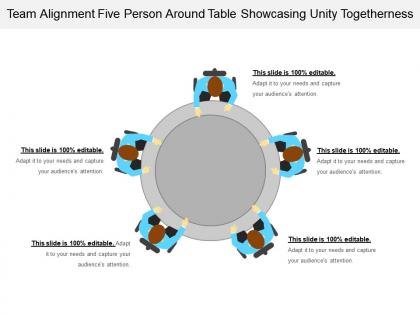 Team alignment five person around table showcasing unity togetherness