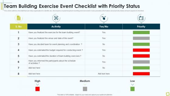 Team Building Exercise Event Checklist With Priority Status