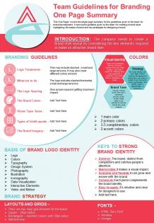Team guidelines for branding one page summary presentation report infographic ppt pdf document