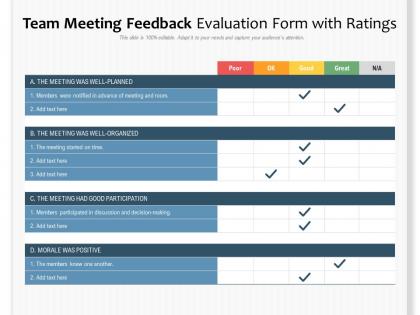 Team meeting feedback evaluation form with ratings