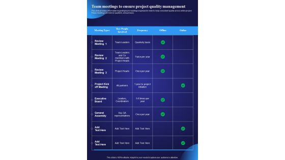 Team Meetings To Ensure Project Quality Project Managers Playbook One Pager Sample Example Document