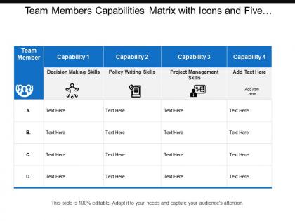 Team members capabilities matrix with icons and five columns