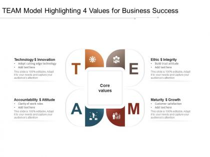 Team model highlighting 4 values for business success