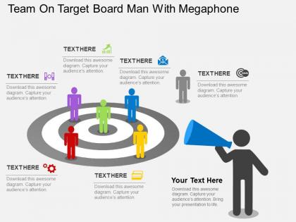Team on target board man with megaphone flat powerpoint design