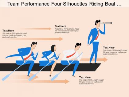 Team performance four silhouettes riding boat arrow leadership