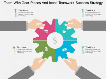 Team with gear pieces and icons teamwork success strategy flat powerpoint design