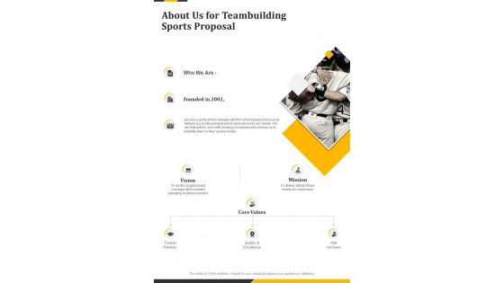 Teambuilding Sports Proposal About Us One Pager Sample Example Document