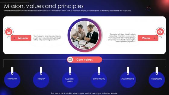 Tech Company Profile Mission Values And Principles Ppt Guidelines CP SS