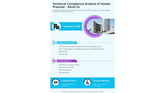 Technical Compliance Analysis Of Vendor Proposal About Us One Pager Sample Example Document