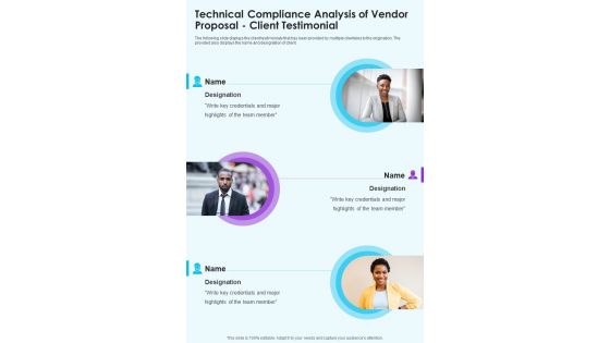 Technical Compliance Analysis Of Vendor Proposal Client Testimonial One Pager Sample Example Document