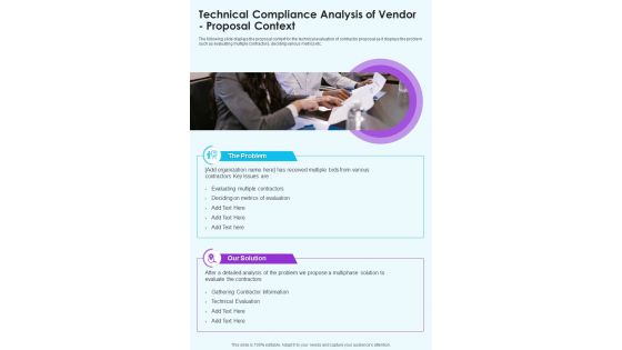 Technical Compliance Analysis Of Vendor Proposal Context One Pager Sample Example Document