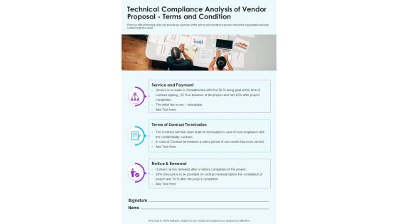 Technical Compliance Analysis Of Vendor Proposal Terms And Condition One Pager Sample Example Document
