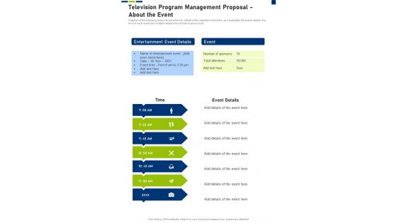 Television Program Management Proposal About The Event One Pager Sample Example Document