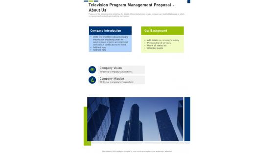 Television Program Management Proposal About Us One Pager Sample Example Document