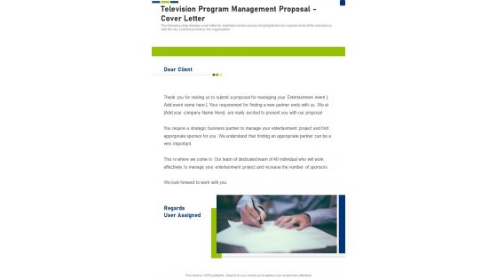 Television Program Management Proposal Cover Letter One Pager Sample Example Document