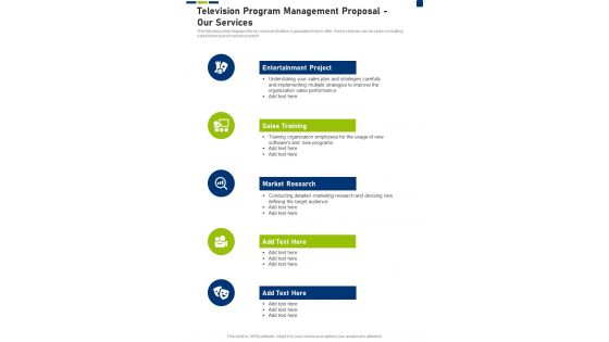 Television Program Management Proposal Our Services One Pager Sample Example Document