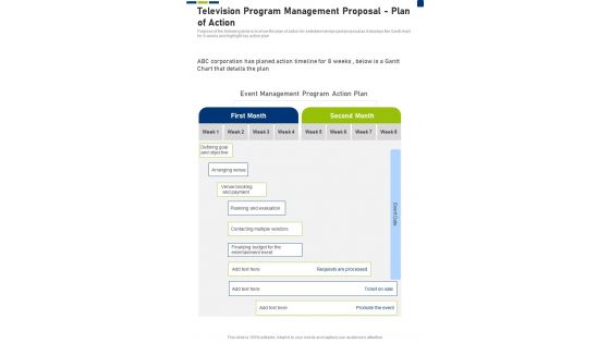 Television Program Management Proposal Plan Of Action One Pager Sample Example Document