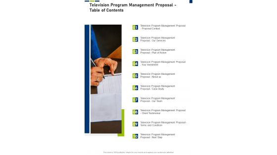 Television Program Management Proposal Table Of Contents One Pager Sample Example Document