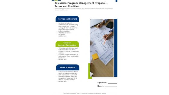 Television Program Management Proposal Terms And Condition One Pager Sample Example Document