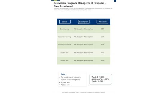 Television Program Management Proposal Your Investment One Pager Sample Example Document