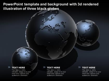 Template and background with 3d rendered illustration of three black globes ppt powerpoint