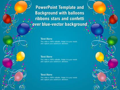 Template and background with balloons ribbons stars and confetti over blue vector